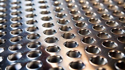 Poster - A close-up of a metal surface with a repeating pattern of evenly spaced circular holes, creating a subtle texture and reflecting light in an intriguing way.