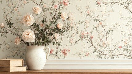 Wall Mural - Vintage floral arrangement with pale roses in elegant white vase on wooden shelf.