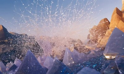 Poster - Light and water burst from crystalline rocks in golden mountains.