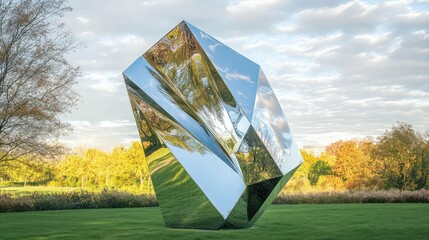 Wall Mural - A multi-faceted glass sculpture in a public park, reflecting the sky and surrounding landscape, creating a mirrored effect