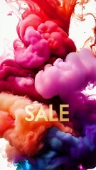 Poster - Colorful ink swirl with gold SALE text on white background. Abstract promotion, vibrant shopping advertisement