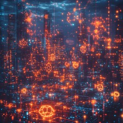 Poster - Futuristic digital landscape with a glowing neon lit cityscape featuring molecular structures scientific symbols and advanced holographic technology  Floating data visualizations