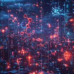 Fototapete - Futuristic digital landscape with a sleek neon lit cityscape featuring advanced holographic technology floating data visualizations and minimalist architectural elements