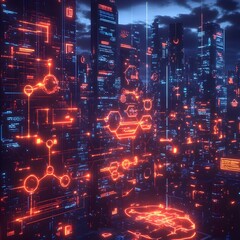 Aufkleber - Futuristic digital landscape featuring molecular structures scientific symbols and a glowing neon lit cityscape  Advanced holographic technology floating holograms