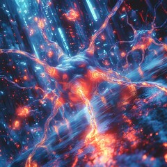 Poster - Pulsating Neural Pathways A Captivating Digital Composition of Glowing Interconnected Strands Forming a Mesmerizing Visually Stunning Cyberpunk Inspired Landscape