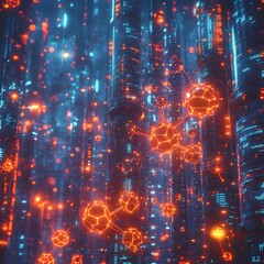Aufkleber - A futuristic digital realm filled with abstract molecular structures geometric scientific symbols and towering skyscrapers of gleaming metal and glass