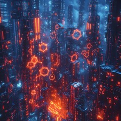 Aufkleber - Futuristic digital realm featuring abstract molecular structures and geometric scientific symbols illuminated by pulsing neon lights