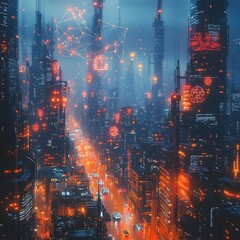 Aufkleber - A stunning and immersive vision of a dystopian futuristic cityscape where towering skyscrapers are shrouded in a haze of holographic data molecular structures and scientific diagrams