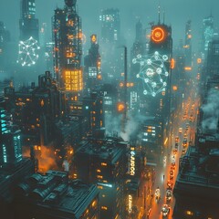 Poster - Futuristic dystopian cityscape shrouded in a haze of holographic data molecular structures and scientific diagrams projected onto the skyscrapers