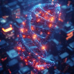 Poster - Glowing neon biotech interface with intricate DNA strands intertwined with sleek circuit board elements cutting edge digital art in a luminous and futuristic style with an urban cityscape backdrop