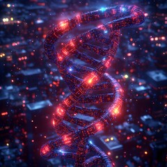 Poster - Glowing neon biotech interface featuring intricate DNA strands intertwined with sleek circuit board elements set against a cutting edge digital art backdrop of a futuristic urban cityscape