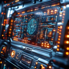 Aufkleber - Sleek and advanced metallic surface with holographic biotechnology visualizations pulsing data nodes and abstract geometric shapes creating a modern futuristic