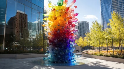 A towering glass sculpture made of individual pieces in different colors, forming a cohesive and vibrant centerpiece in an urban plaza