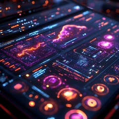 Leinwandbilder - Sleek cloud computing dashboard showcasing effortless file transfers to sprawling digital storage networks with a techno organic user interface and glowing neon hues
