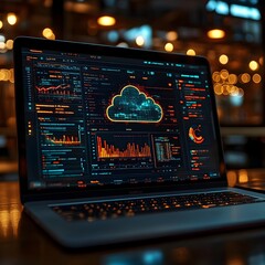Fototapete - Macro view of a cloud computing dashboard on a laptop showcasing the seamless uploading of digital documents to vast remote data repositories