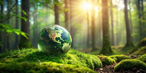 Poster - A miniature Earth globe rests on a bed of moss, bathed in the warm glow of sunlight filtering through the dense canopy of a verdant forest.