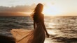 © supansa - A woman standing by the ocean at sunset, wearing a flowy dress that blows in the wind, creating a serene and peaceful moment, [Wear a Dress Day], [freedom and beauty], ,