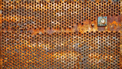 Poster - rustic metal sheet with circular holes and traces of rust