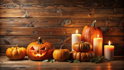 Poster - Autumnal Still Life with Pumpkins and Candles on a Rustic Wooden Background