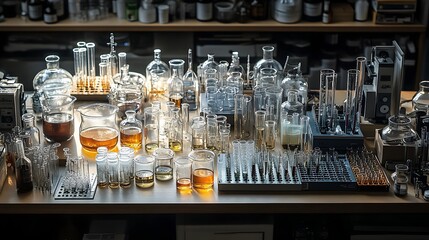 Poster - A cluttered laboratory counter filled with an array of scientific glassware test tubes and various equipment casting intriguing shadows and reflections under the bright fluorescent lighting