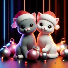 A couple christmas cute kitten with balls on a black background. 3D rendering. Neon lights