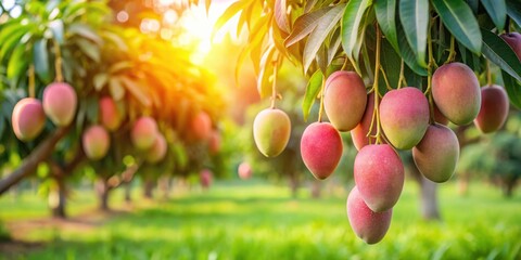 Aufkleber - Ripe Mangoes Hanging From a Tree Branch in a Lush Orchard Bathed in Warm Sunlight