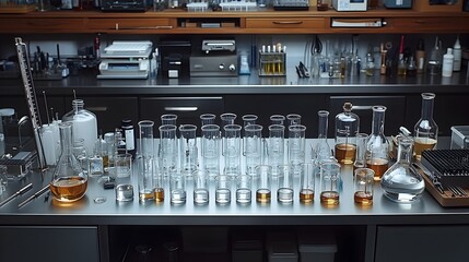 Poster - Intricate scientific glassware beakers and test tubes arranged meticulously on a stainless steel laboratory counter