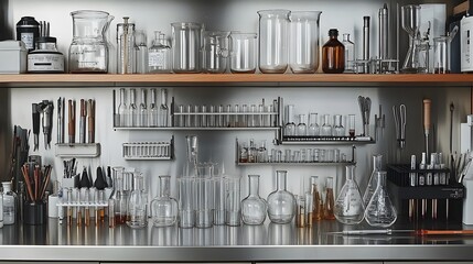 Poster - Intricately arranged scientific glassware including beakers test tubes and other laboratory equipment and instruments on a stainless steel countertop evoking a sense of scientific inquiry