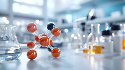 Poster - Captivating 3D model of a molecular structure with intricate atomic bonds and chemical elements meticulously rendered surrounded by a sterile laboratory inspired environment featuring glassware