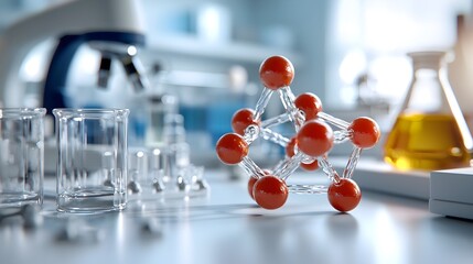 Fototapete - Captivating 3D model of a molecular structure showcasing the intricate atomic bonds and chemical elements meticulously rendered within a sterile laboratory inspired environment featuring glassware