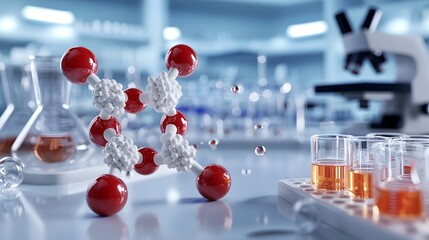 Fototapete - Captivating 3D model of a molecular structure showcasing intricate atomic bonds and chemical elements meticulously rendered surrounded by a sterile laboratory inspired environment with glassware