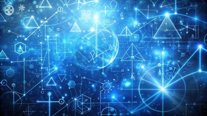 Poster - abstract geometric patterns and glowing lines in a vibrant blue cosmos.