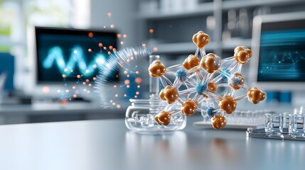 Fototapete - Detailed 3D visualization of a complex molecular lattice featuring shimmering crystalline formations and pulsating energy fields set against a backdrop of sleek laboratory equipment