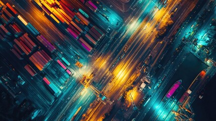 Nighttime aerial shot of a container port with vibrant lights, maritime operations 