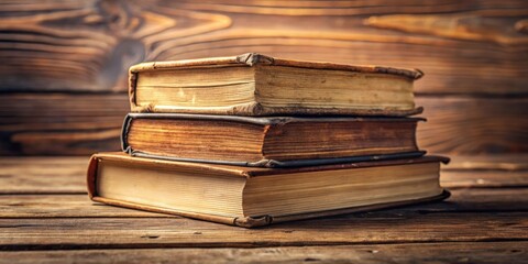 Poster - A stack of antique books, aged and worn with time, rests on a wooden surface, telling tales of forgotten stories and countless hours spent reading.