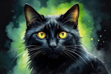  Mystical black cat with glowing yellow eyes emanating enigmatic allure against ethereal green mist