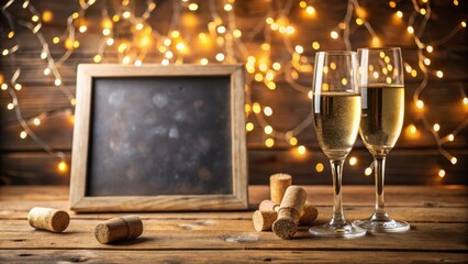 Aufkleber - Two glasses of champagne with a chalkboard and twinkling lights on a rustic wooden table