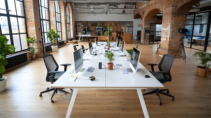 Aufkleber - Tidy and Organized Tech Workspace with Neat Computer Arrangement Seen from High Angle on Shared Table in Minimalist Office Interior Design