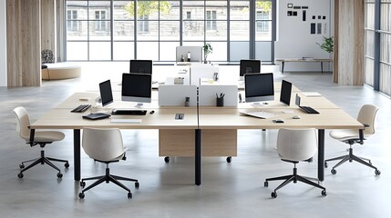 Aufkleber - High Angle View of Minimalist Office with Computers Set Up on Large Modern Table for Workspace Productivity and Efficiency