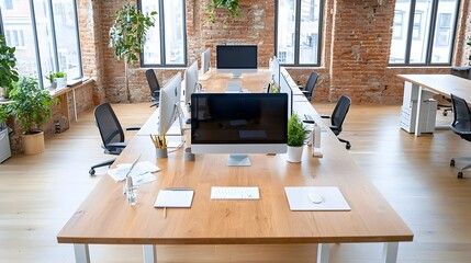 Leinwandbilder - Aerial overhead shot of a clean and organized modern office workspace with multiple computers and equipment neatly arranged on a long table ready for professional work and