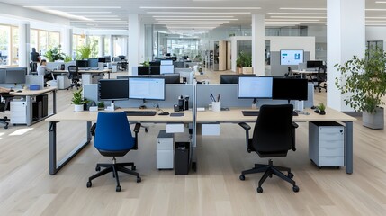Aufkleber - High Angle View of a Sleek and Organized Modern Office Layout with Computers Arranged on a Central Desk Promoting Efficient and Workflow Among the Team