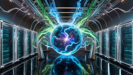 Poster - Glowing Futuristic Orb with Electric Energy in Metallic Sci-Fi Room for Technological Concept