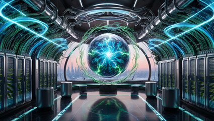 Poster - Sci-Fi Futuristic Sphere in Metallic Room with Blue Glowing Energy for Advanced Technology Concept