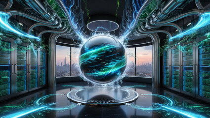 Poster - Futuristic Orb in Abstract Metallic Chamber with Glowing Blue Energy for Technology or Sci-Fi Theme
