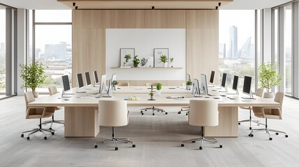 Leinwandbilder - High angle view of a clean empty minimalist workspace with computers and other digital equipment set up on a large collaborative table creating a modern organized