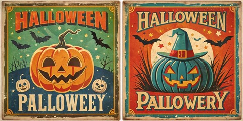 Poster - Vintage Halloween Pumpkin Posters with Jack O Lanterns and Bats