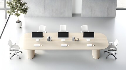 Aufkleber - Overhead View of a Sleek Minimalist Office Workspace with Computers on a Modern Clutter Free Desk in a Contemporary Setting