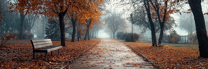 A misty park path flanked by trees shedding vibrant rust-colored leaves, offering a peaceful and atmospheric setting ideal for introspective walks or photography.