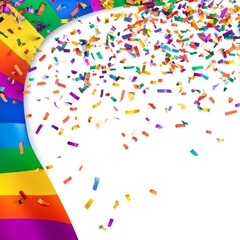 A pride parade scene with rainbow confetti, realistic celebration, isolated on white background