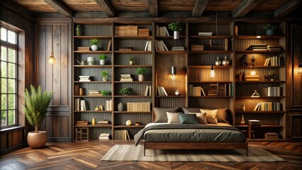 Aufkleber - Cozy Bedroom with Large Bookcases and Natural Light